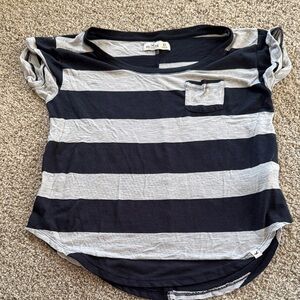Y2K Baggy Hollister Cuffed Sleeve Blue and Gray Striped T-Shirt